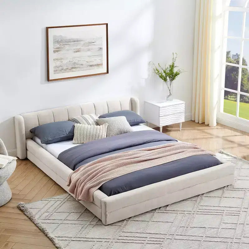GDFStudio Penel Chenille Upholstered Floor Bed with Thick Headboard