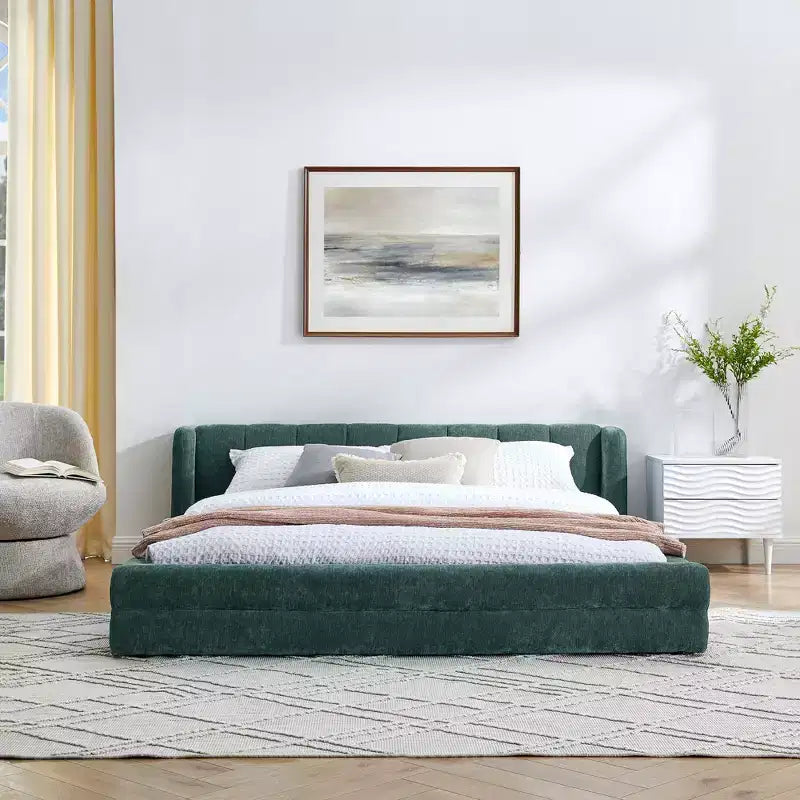 Upholstered Floor Bed with Thick Headboard