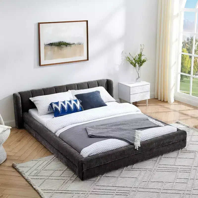 Upholstered Floor Bed with Thick Headboard