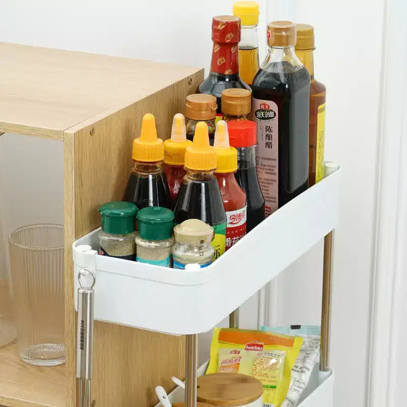 3/4 Tier Rolling Cart, Utility Cart for Kitchen Storage, Mobile Shelves Slide-Out Organizers with 2 Lockable Wheels &amp; Hooks