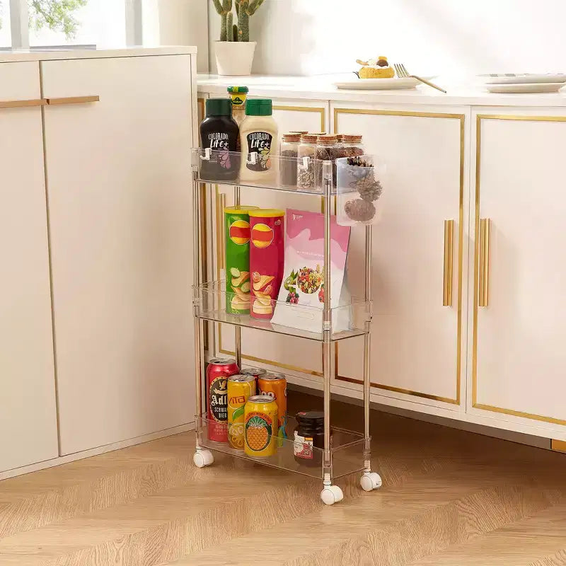 3/4 Tier Rolling Cart, Utility Cart for Kitchen Storage, Mobile Shelves Slide-Out Organizers with 2 Lockable Wheels &amp; Hooks