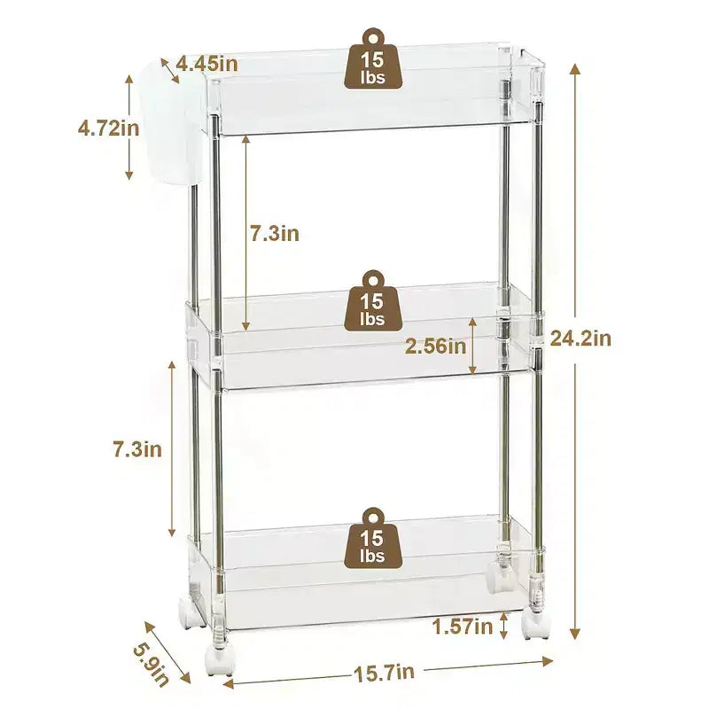 3/4 Tier Rolling Cart, Utility Cart for Kitchen Storage, Mobile Shelves Slide-Out Organizers with 2 Lockable Wheels &amp; Hooks