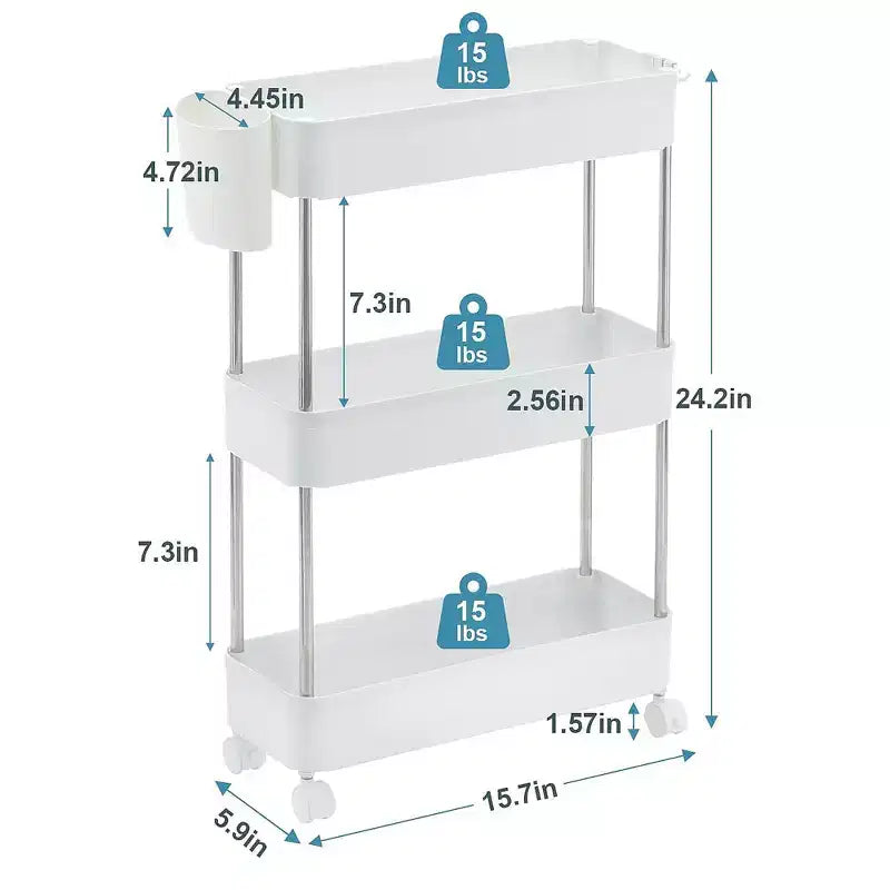 3/4 Tier Rolling Cart, Utility Cart for Kitchen Storage, Mobile Shelves Slide-Out Organizers with 2 Lockable Wheels &amp; Hooks