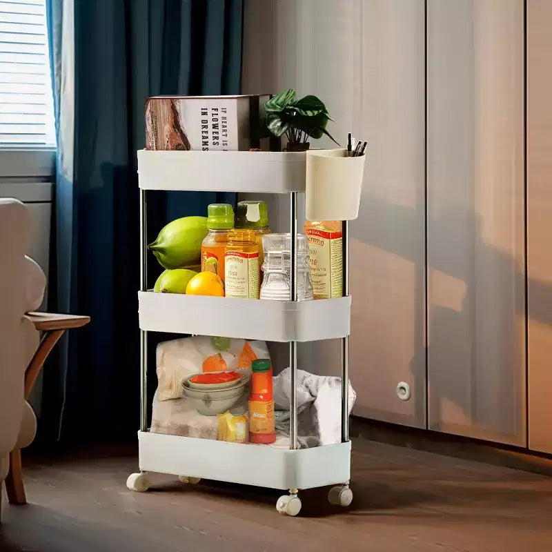 3/4 Tier Rolling Cart, Utility Cart for Kitchen Storage, Mobile Shelves Slide-Out Organizers with 2 Lockable Wheels &amp; Hooks