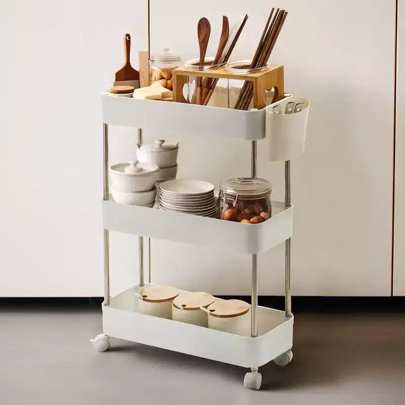 3/4 Tier Rolling Cart, Utility Cart for Kitchen Storage, Mobile Shelves Slide-Out Organizers with 2 Lockable Wheels &amp; Hooks