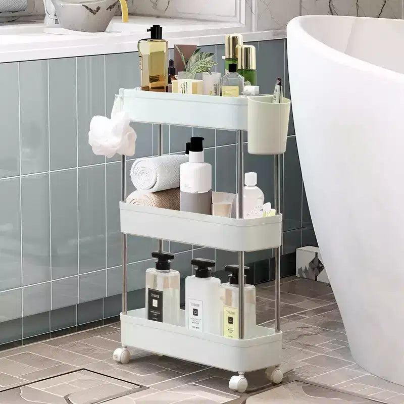 3/4 Tier Rolling Cart, Utility Cart for Kitchen Storage, Mobile Shelves Slide-Out Organizers with 2 Lockable Wheels &amp; Hooks
