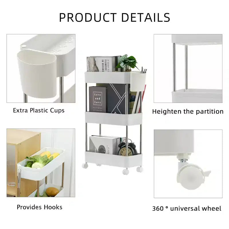 3/4 Tier Rolling Cart, Utility Cart for Kitchen Storage, Mobile Shelves Slide-Out Organizers with 2 Lockable Wheels &amp; Hooks