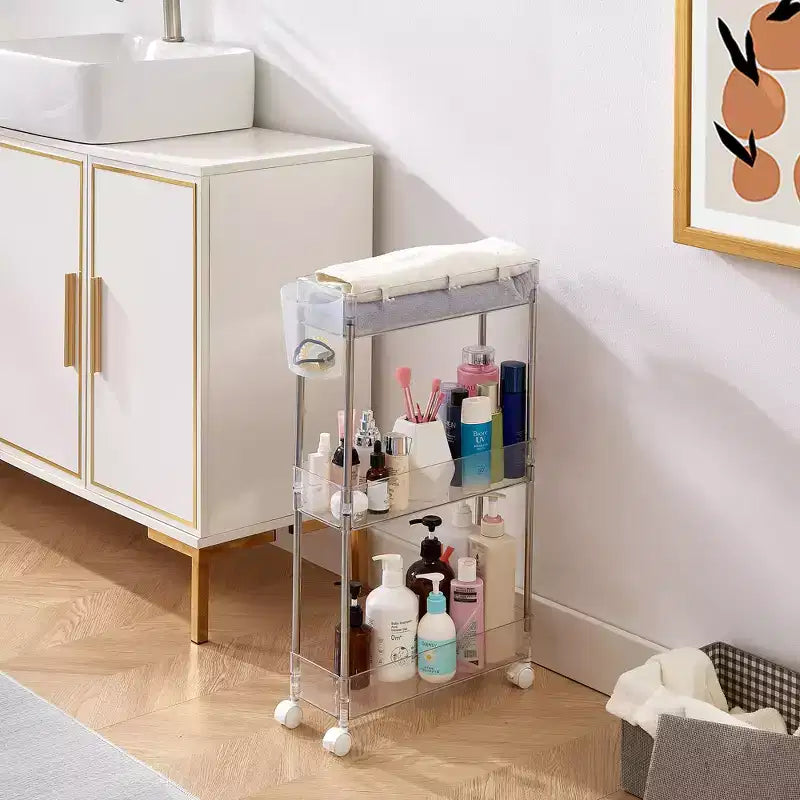 3/4 Tier Rolling Cart, Utility Cart for Kitchen Storage, Mobile Shelves Slide-Out Organizers with 2 Lockable Wheels &amp; Hooks