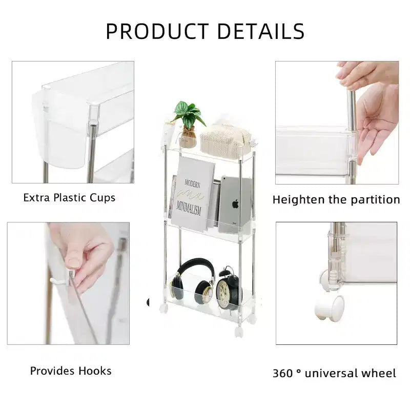 3/4 Tier Rolling Cart, Utility Cart for Kitchen Storage, Mobile Shelves Slide-Out Organizers with 2 Lockable Wheels &amp; Hooks