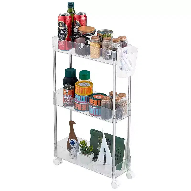 3/4 Tier Rolling Cart, Utility Cart for Kitchen Storage, Mobile Shelves Slide-Out Organizers with 2 Lockable Wheels &amp; Hooks