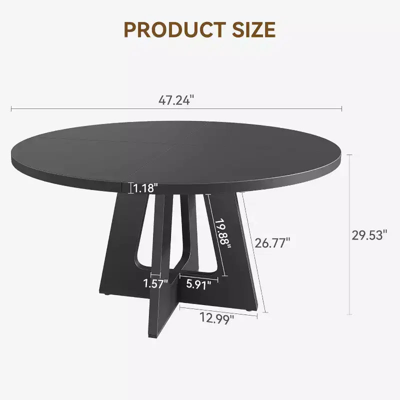 47-Inch Round Large Dining Table for 4 to 6, Farmhouse Dinner Table with Wooden Top and Legs for Dining Room Black (Only Table)
