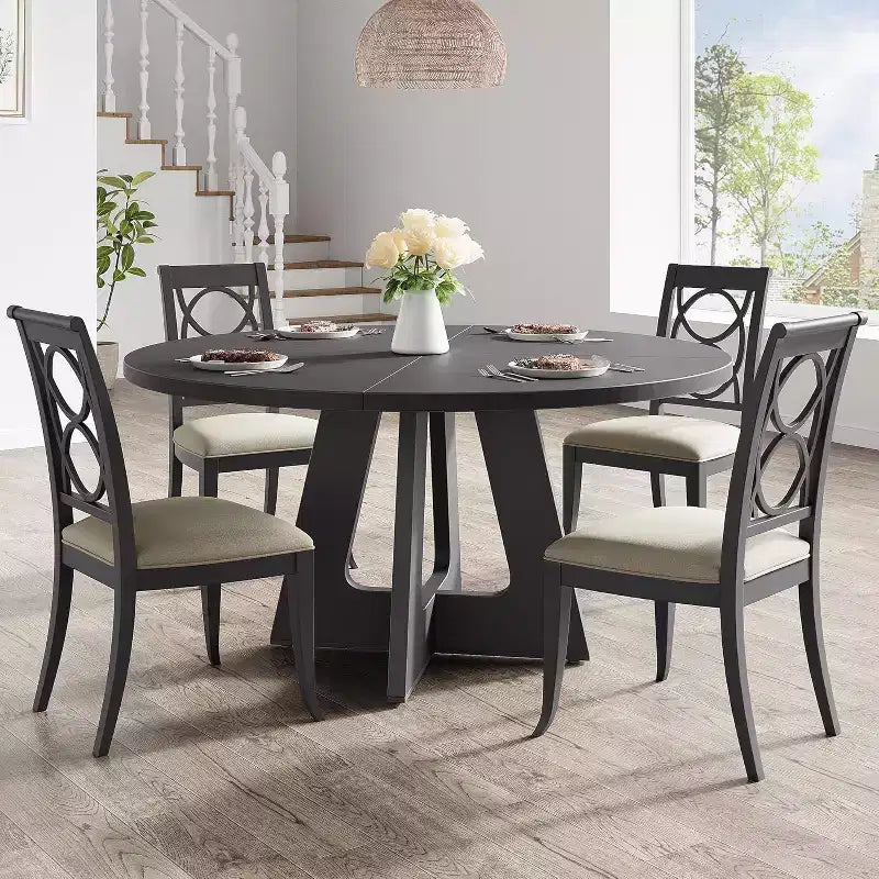 47-Inch Round Large Dining Table for 4 to 6, Farmhouse Dinner Table with Wooden Top and Legs for Dining Room Black (Only Table)