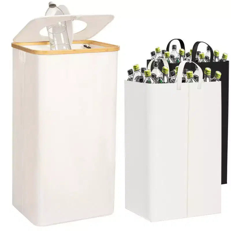 Hausource 100L Beige Laundry Hamper &amp; Recycling Bin with Lid, 2 Liners, Collapsible, Waterproof