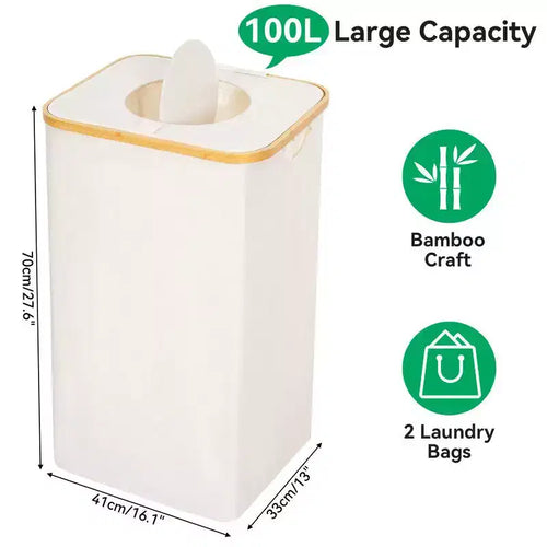 100L Beige Laundry Hamper &amp; Recycling Bin with Lid, 2 Liners, Collapsible, Waterproof