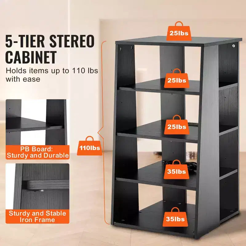 5-Tier AV Media Stand,Wooden Audio-Video Media Stand for DVD Players/Cable Boxes/Games Consoles, Height-Adjustable Media Storage Cabinet, Black