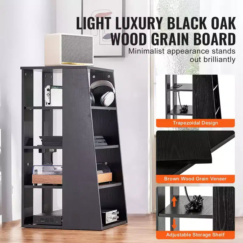5-Tier AV Media Stand,Wooden Audio-Video Media Stand for DVD Players/Cable Boxes/Games Consoles, Height-Adjustable Media Storage Cabinet, Black