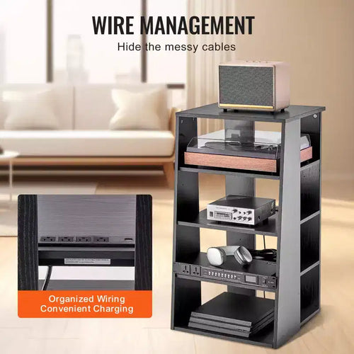 Meuble TV-Hi-Fi à 5 niveaux, meuble audio-vidéo en bois pour lecteurs DVD/décodeurs/consoles de jeux, meuble de rangement multimédia réglable en hauteur, noir
