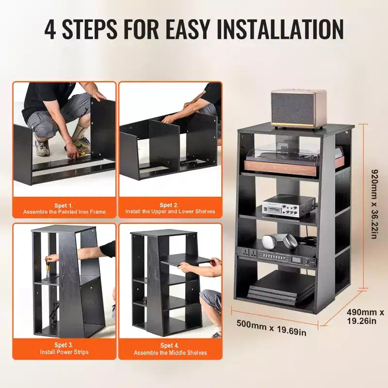 5-Tier AV Media Stand,Wooden Audio-Video Media Stand for DVD Players/Cable Boxes/Games Consoles, Height-Adjustable Media Storage Cabinet, Black