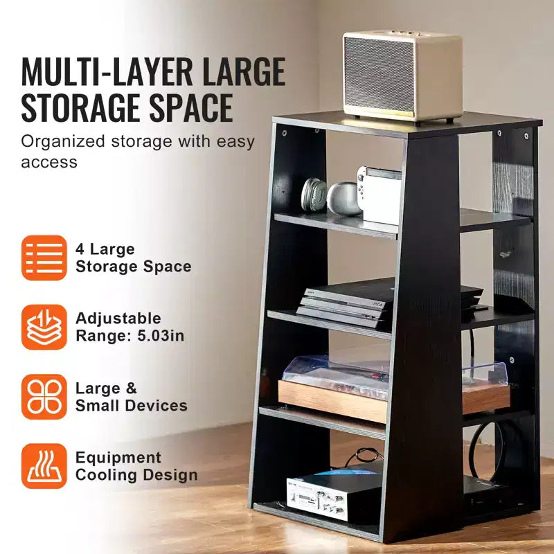 5-Tier AV Media Stand,Wooden Audio-Video Media Stand for DVD Players/Cable Boxes/Games Consoles, Height-Adjustable Media Storage Cabinet, Black