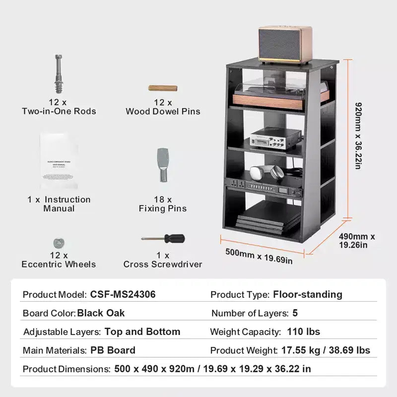 5-Tier AV Media Stand,Wooden Audio-Video Media Stand for DVD Players/Cable Boxes/Games Consoles, Height-Adjustable Media Storage Cabinet, Black