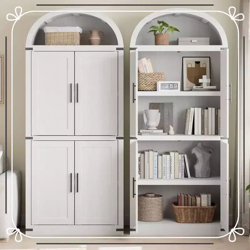 Tall Arched Kitchen Pantry Cabinet Farmhouse Storage with Doors, Large Bookshelf with Doors