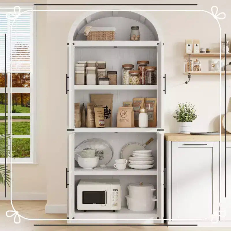 Tall Arched Kitchen Pantry Cabinet Farmhouse Storage with Doors, Large Bookshelf with Doors