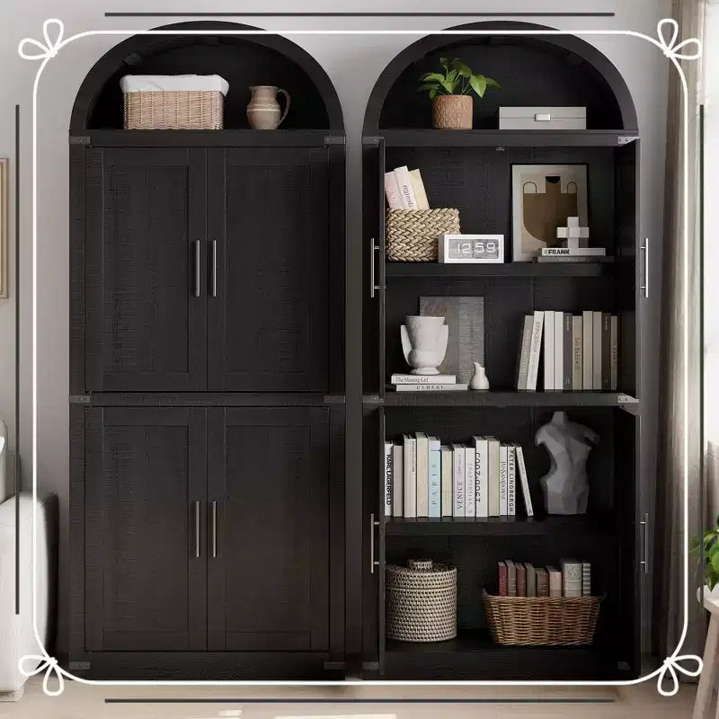 Tall Arched Kitchen Pantry Cabinet Farmhouse Storage with Doors, Large Bookshelf with Doors