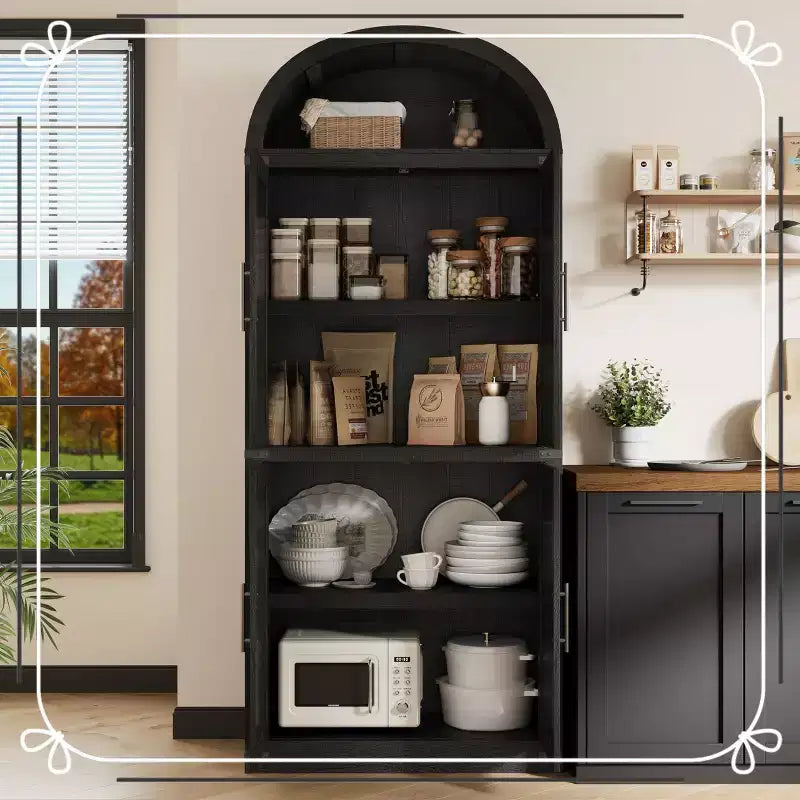 Tall Arched Kitchen Pantry Cabinet Farmhouse Storage with Doors, Large Bookshelf with Doors