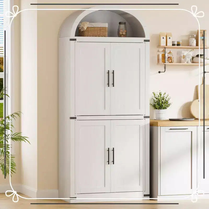 Tall Arched Kitchen Pantry Cabinet Farmhouse Storage with Doors, Large Bookshelf with Doors