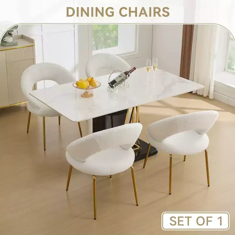 Fabric Dining Chairs With Curved Backrest and Golden Metal Legs for Kitchen or Dining Room ,White