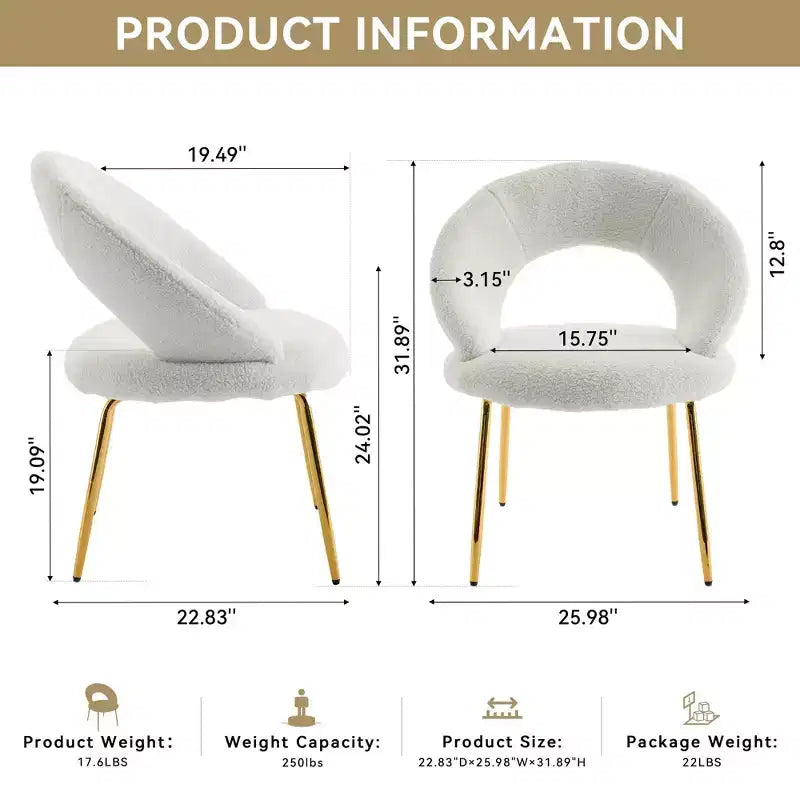 Fabric Dining Chairs With Curved Backrest and Golden Metal Legs for Kitchen or Dining Room ,White