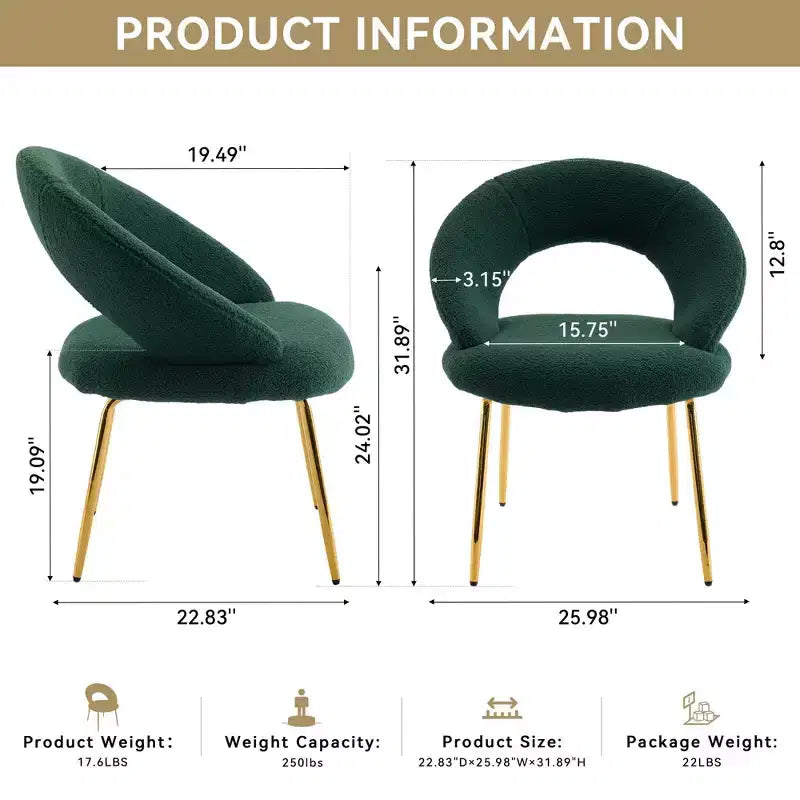 Fabric Dining Chairs With Curved Backrest and Golden Metal Legs for Kitchen or Dining Room ,White