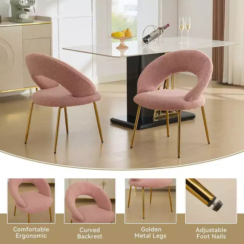 Fabric Dining Chairs With Curved Backrest and Golden Metal Legs for Kitchen or Dining Room ,White
