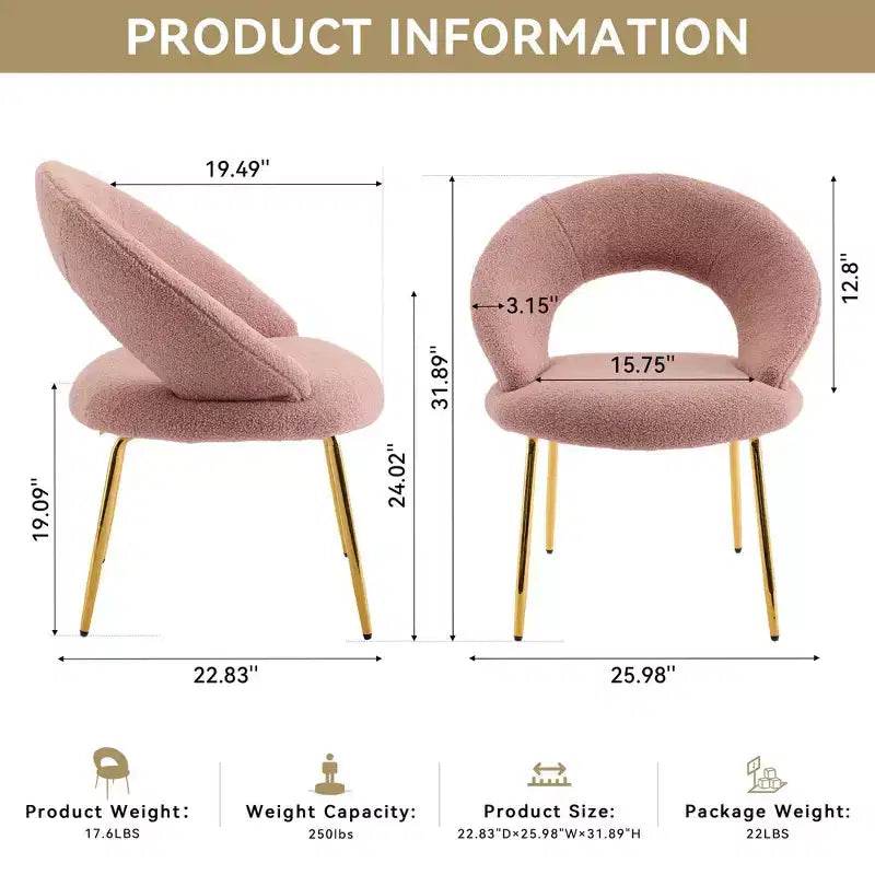 Fabric Dining Chairs With Curved Backrest and Golden Metal Legs for Kitchen or Dining Room ,White
