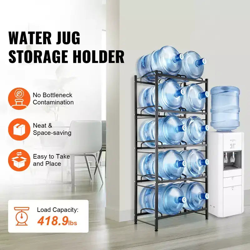5 Tiers Water Jug Holder, 5 Gallon Water Bottle Holder, Double Row Water Bottle Rack for 10 Bottles, Heavy Duty Water Jug Rack
