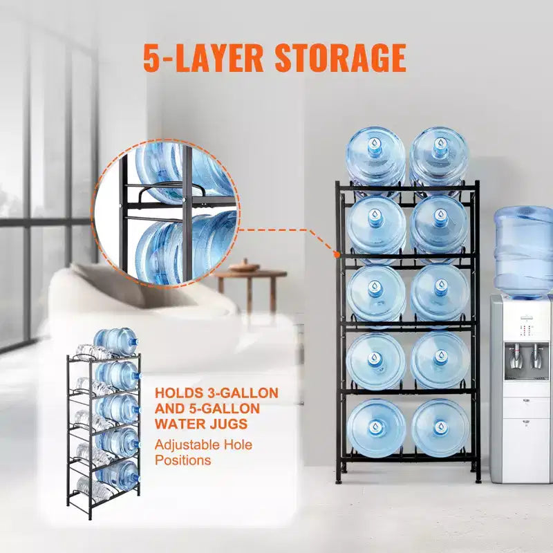 5 Tiers Water Jug Holder, 5 Gallon Water Bottle Holder, Double Row Water Bottle Rack for 10 Bottles, Heavy Duty Water Jug Rack