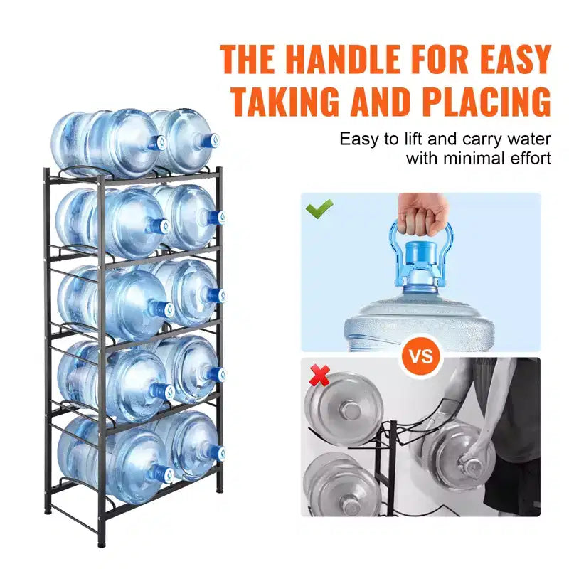 5 Tiers Water Jug Holder, 5 Gallon Water Bottle Holder, Double Row Water Bottle Rack for 10 Bottles, Heavy Duty Water Jug Rack