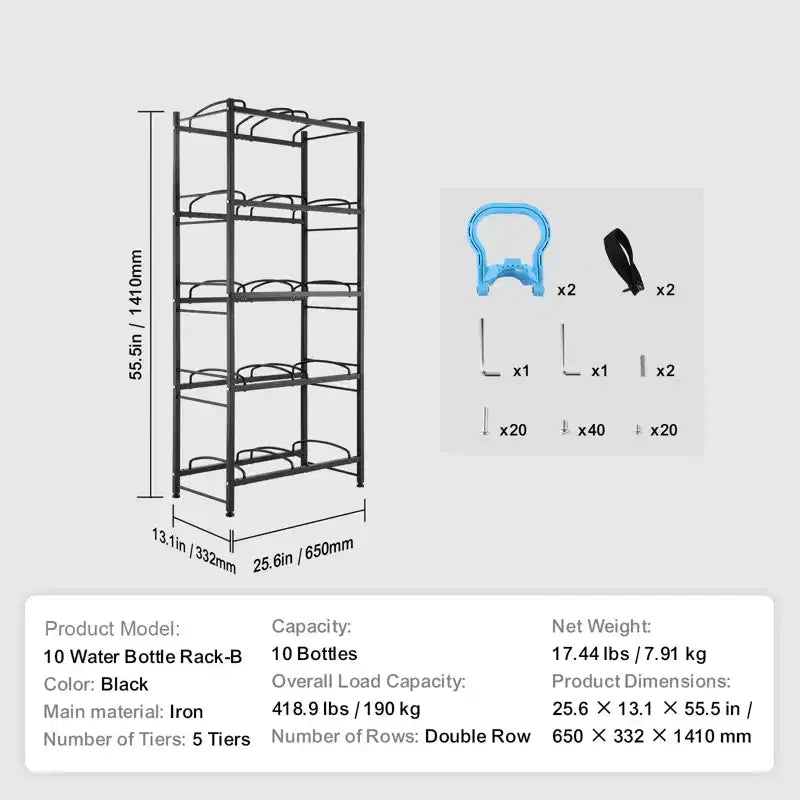 5 Tiers Water Jug Holder, 5 Gallon Water Bottle Holder, Double Row Water Bottle Rack for 10 Bottles, Heavy Duty Water Jug Rack