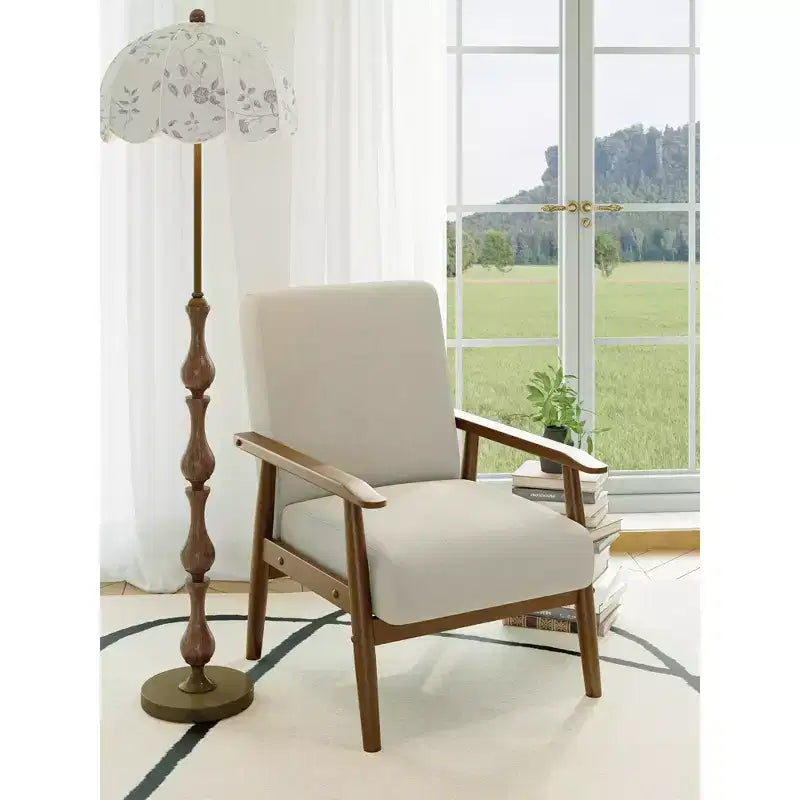 Tree City - Mid-Century Modern Linen Accent Chair with Solid Wood Frame, Off White