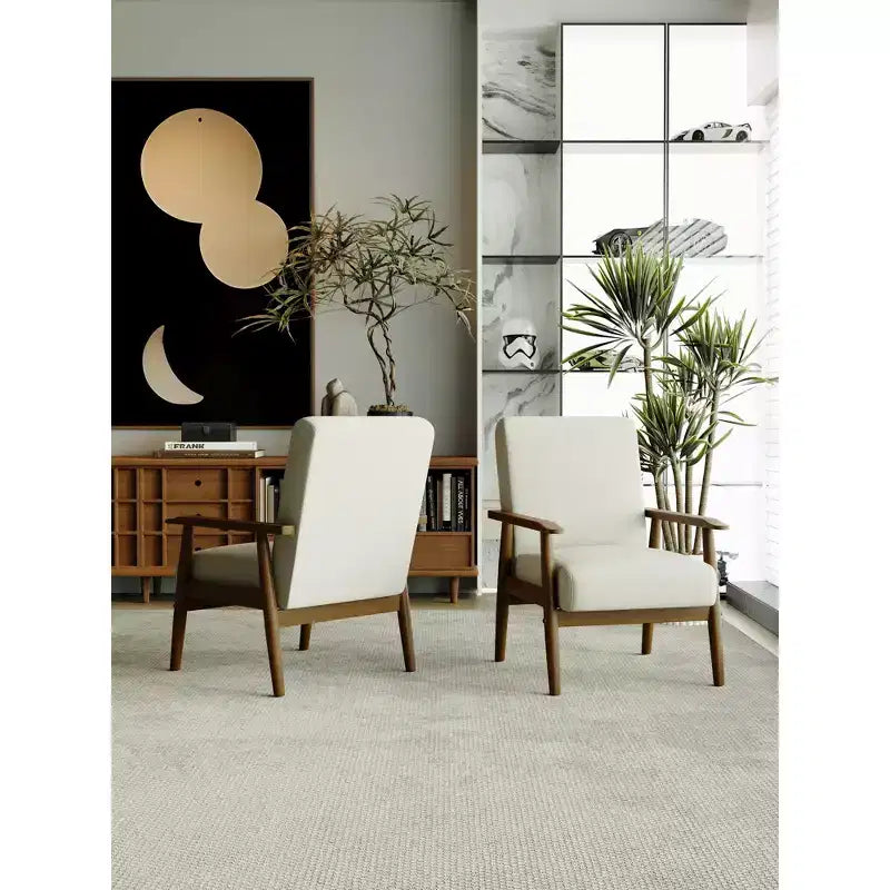 Mid-Century Modern Linen Accent Chair with Solid Wood Frame, Off White