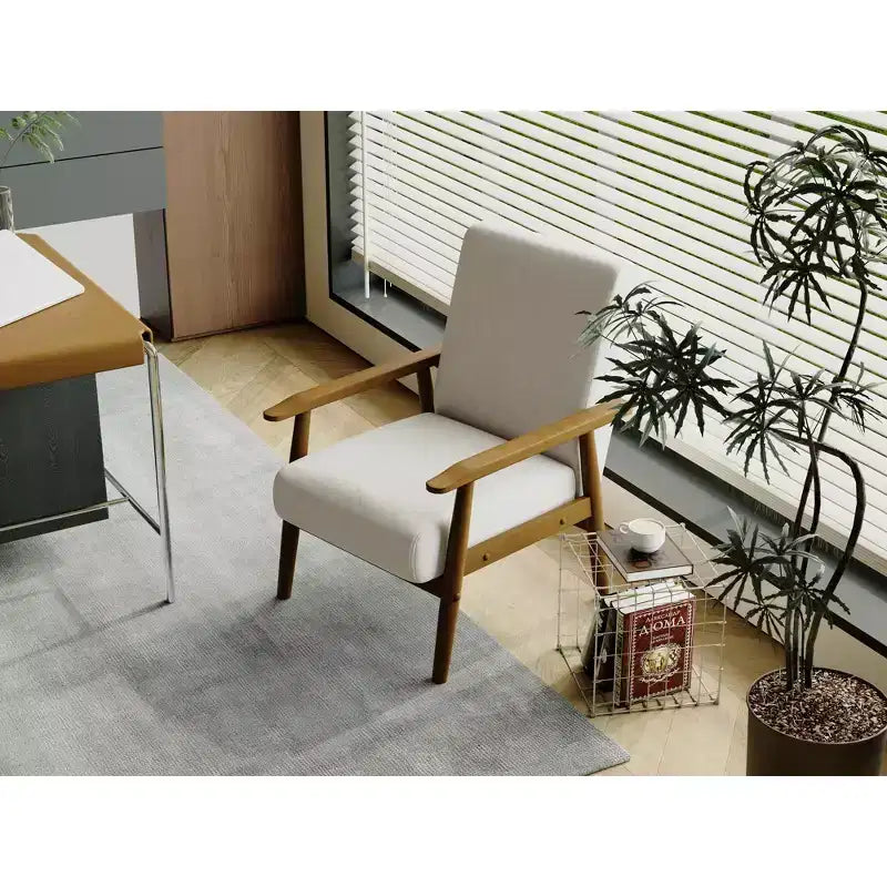 Mid-Century Modern Linen Accent Chair with Solid Wood Frame, Off White