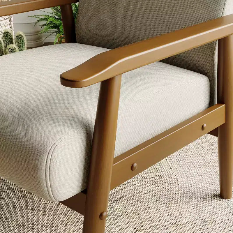 Mid-Century Modern Linen Accent Chair with Solid Wood Frame, Off White