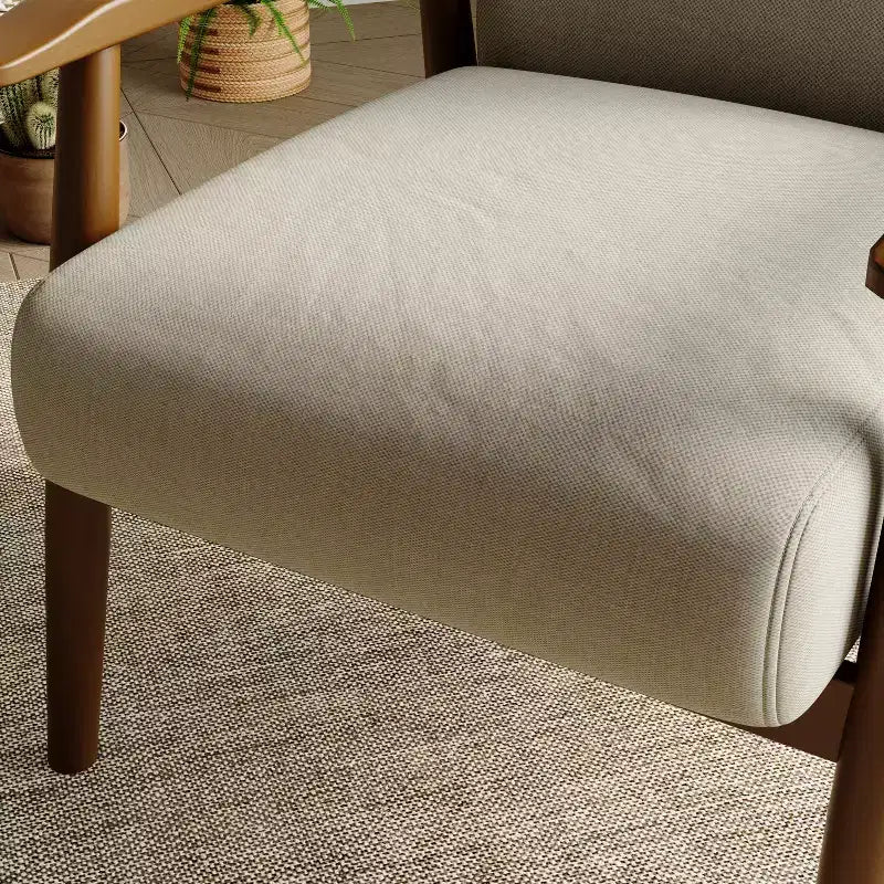 Mid-Century Modern Linen Accent Chair with Solid Wood Frame, Off White