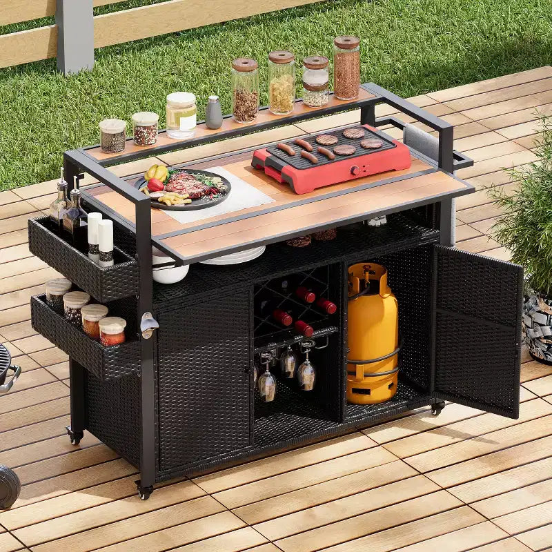 52.8W Wicker Outdoor Grill Cart with Extended Table Top, Rolling Kitchen Island with Ample Storage, Spice Racks &amp; Lockable Wheels-ModernLuxe