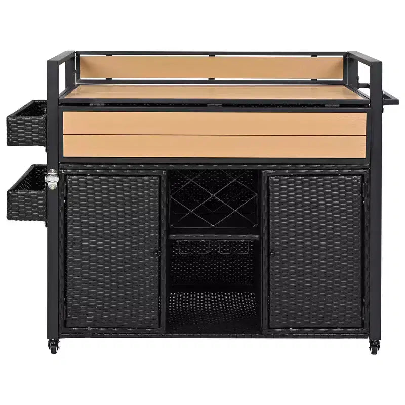 Wicker Outdoor Grill Cart with Extended Table Top, Rolling Kitchen Island with Ample Storage, Spice Racks &amp; Lockable Wheels