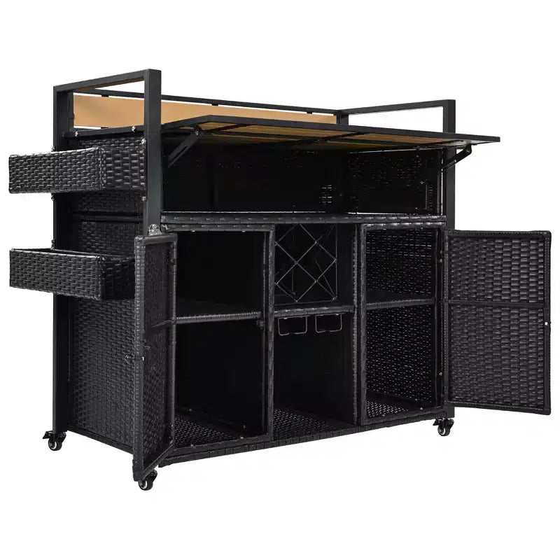Wicker Outdoor Grill Cart with Extended Table Top, Rolling Kitchen Island with Ample Storage, Spice Racks &amp; Lockable Wheels