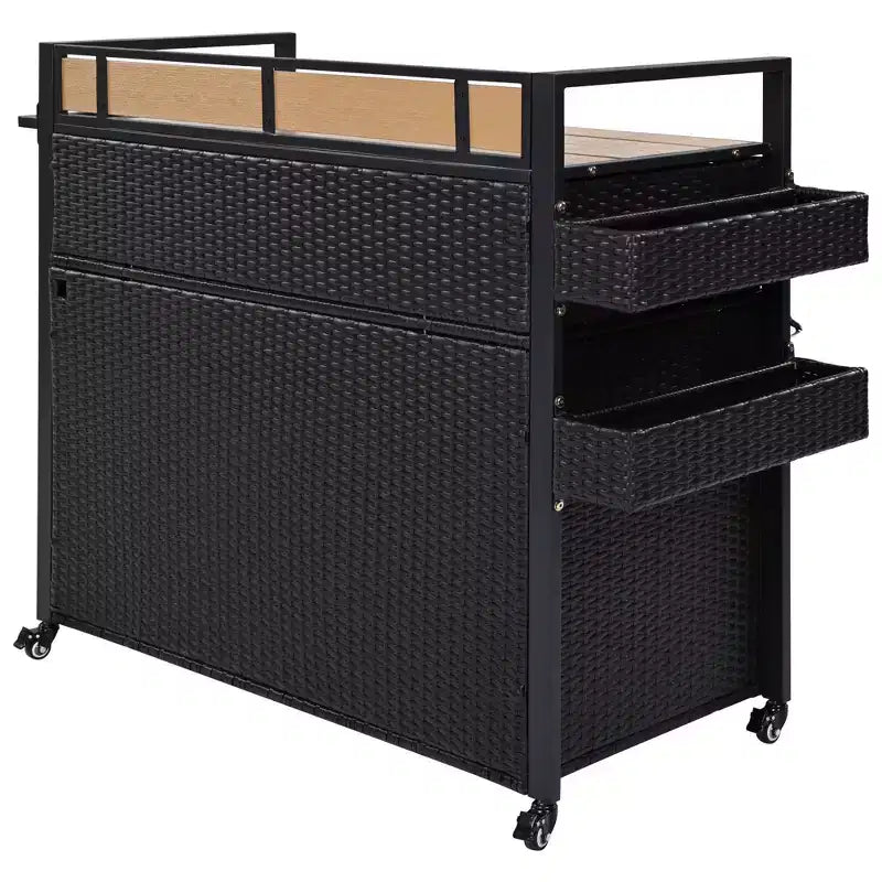 Wicker Outdoor Grill Cart with Extended Table Top, Rolling Kitchen Island with Ample Storage, Spice Racks &amp; Lockable Wheels