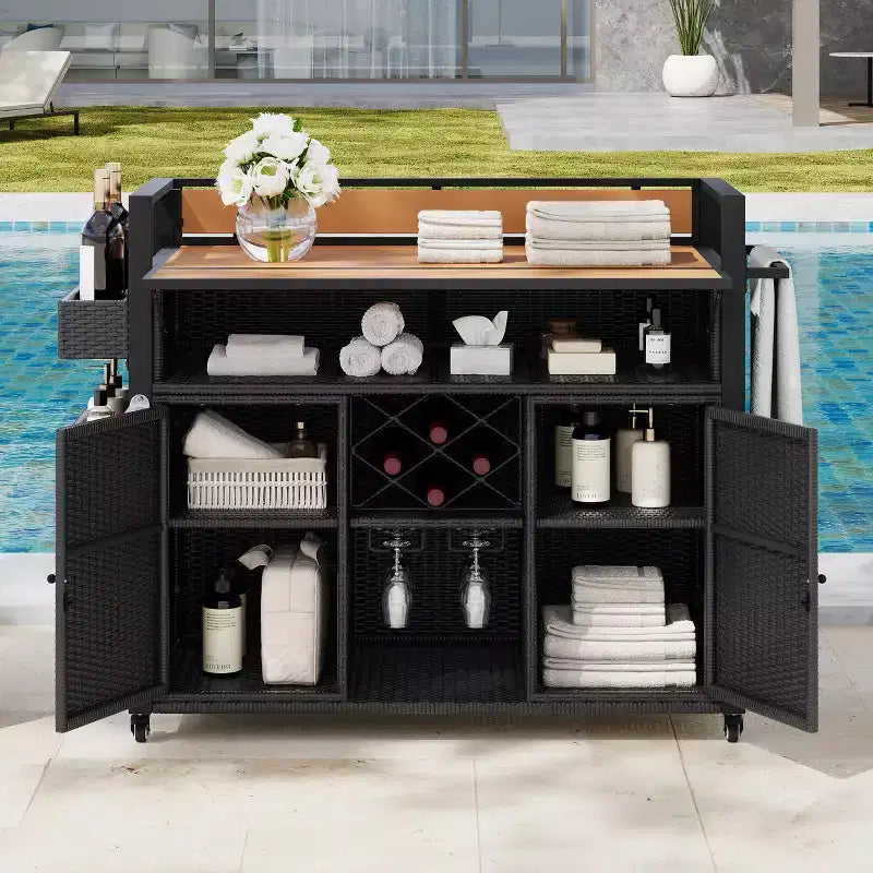 Wicker Outdoor Grill Cart with Extended Table Top, Rolling Kitchen Island with Ample Storage, Spice Racks &amp; Lockable Wheels