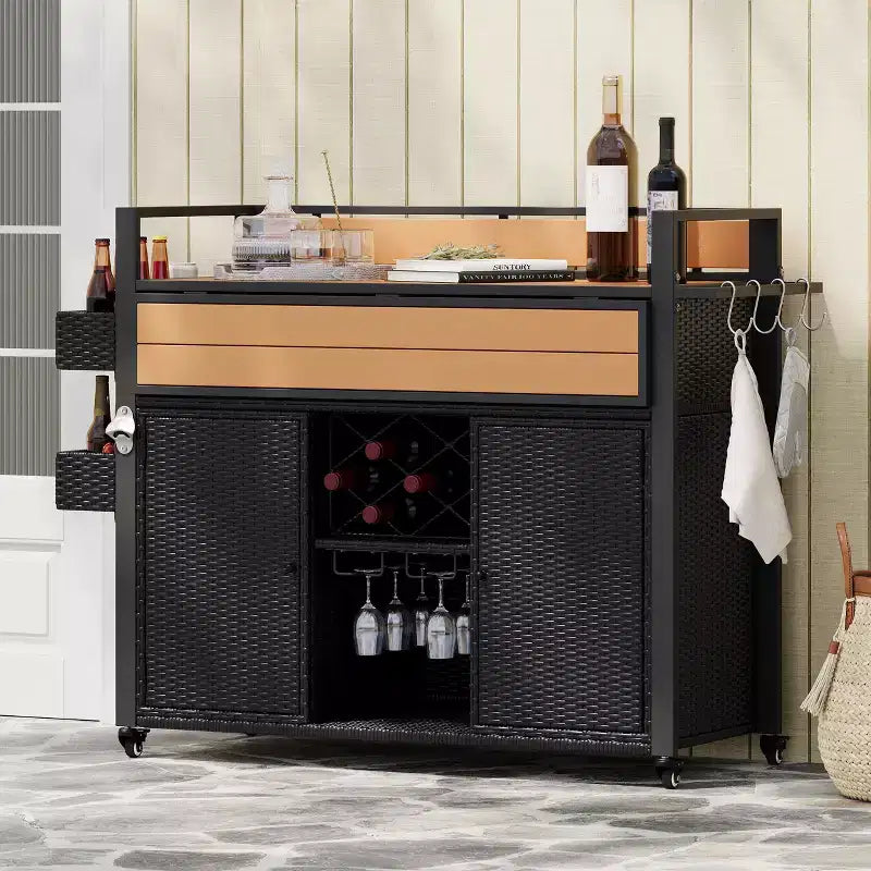 Wicker Outdoor Grill Cart with Extended Table Top, Rolling Kitchen Island with Ample Storage, Spice Racks &amp; Lockable Wheels