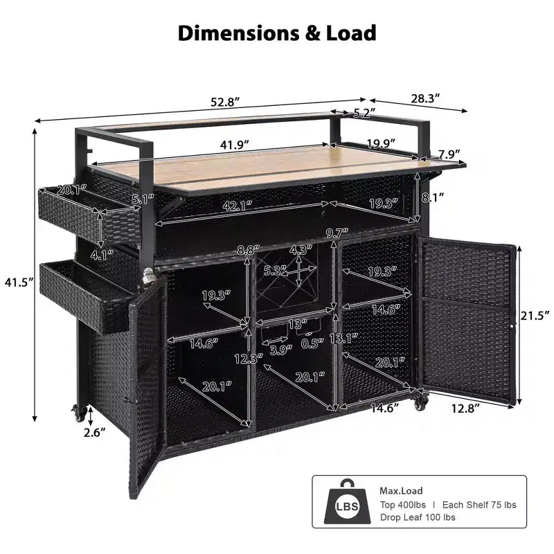 Wicker Outdoor Grill Cart with Extended Table Top, Rolling Kitchen Island with Ample Storage, Spice Racks &amp; Lockable Wheels